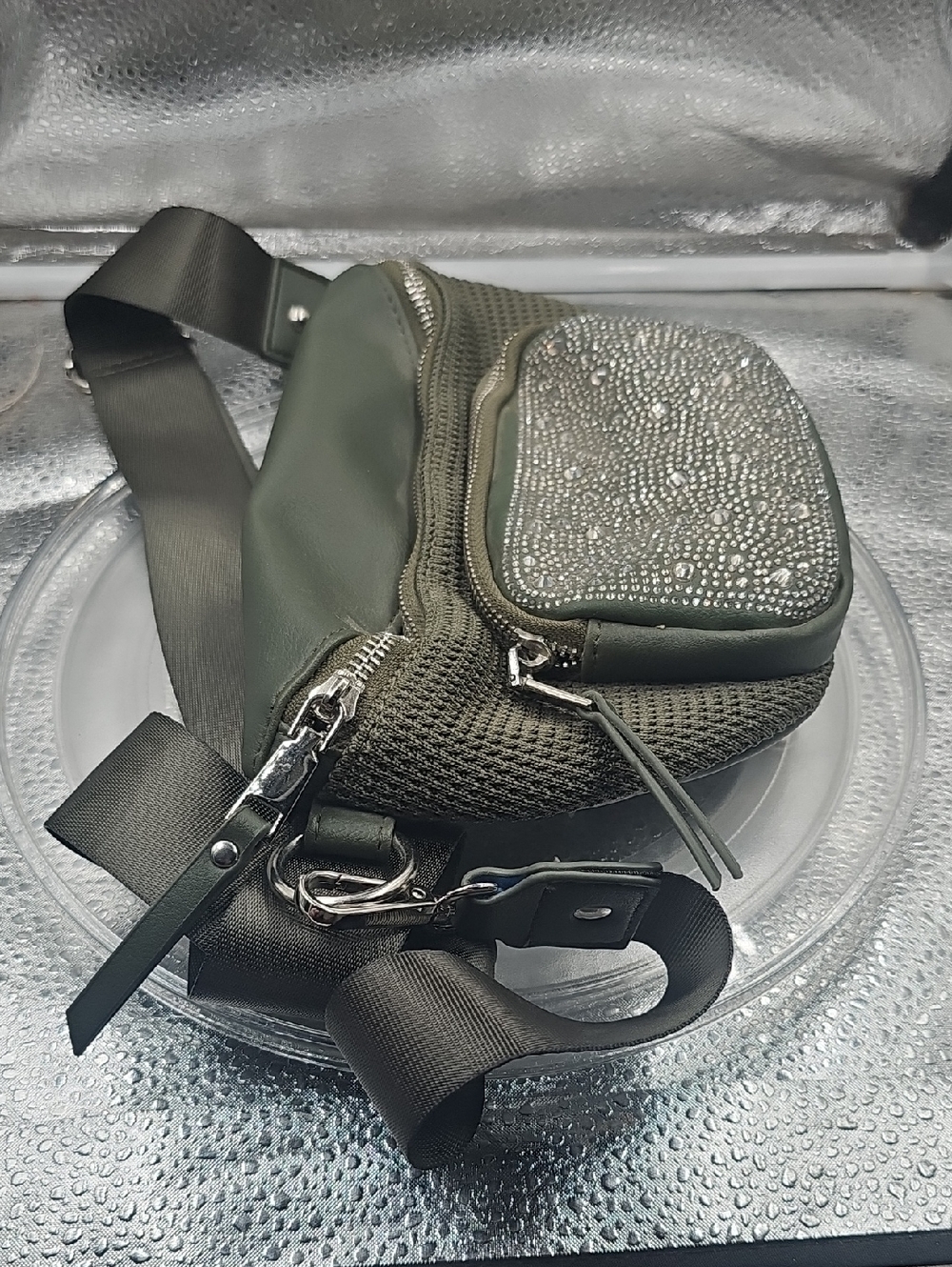 Q Stylish Satchel In Olive Green Madden NYC Rhinestone Bling - Picture 6 of 8